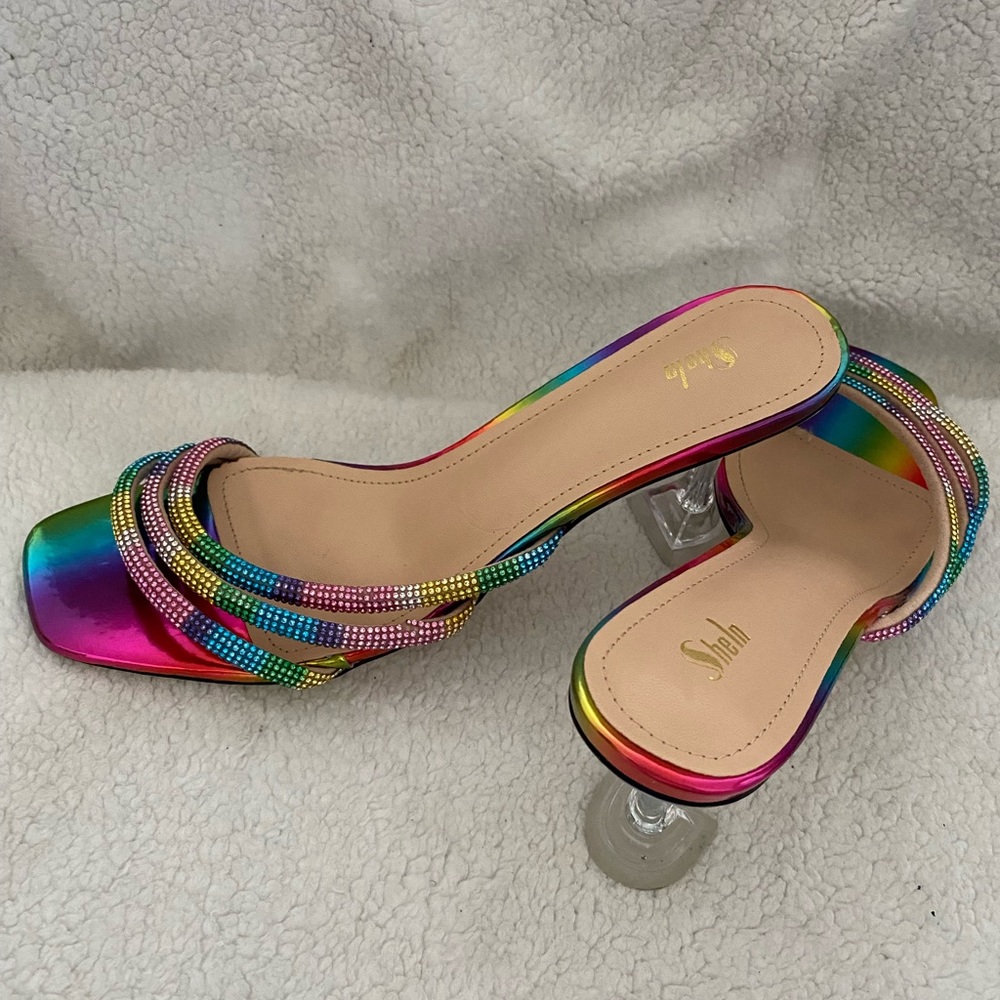 Colorblock Rhinestone Decor Pyramid Heeled Mules Size 10 - Picture 9 of 12